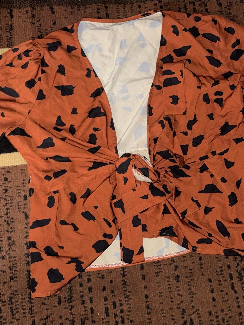 Rust Tie-Front Animal Print Blouse with Black Spots